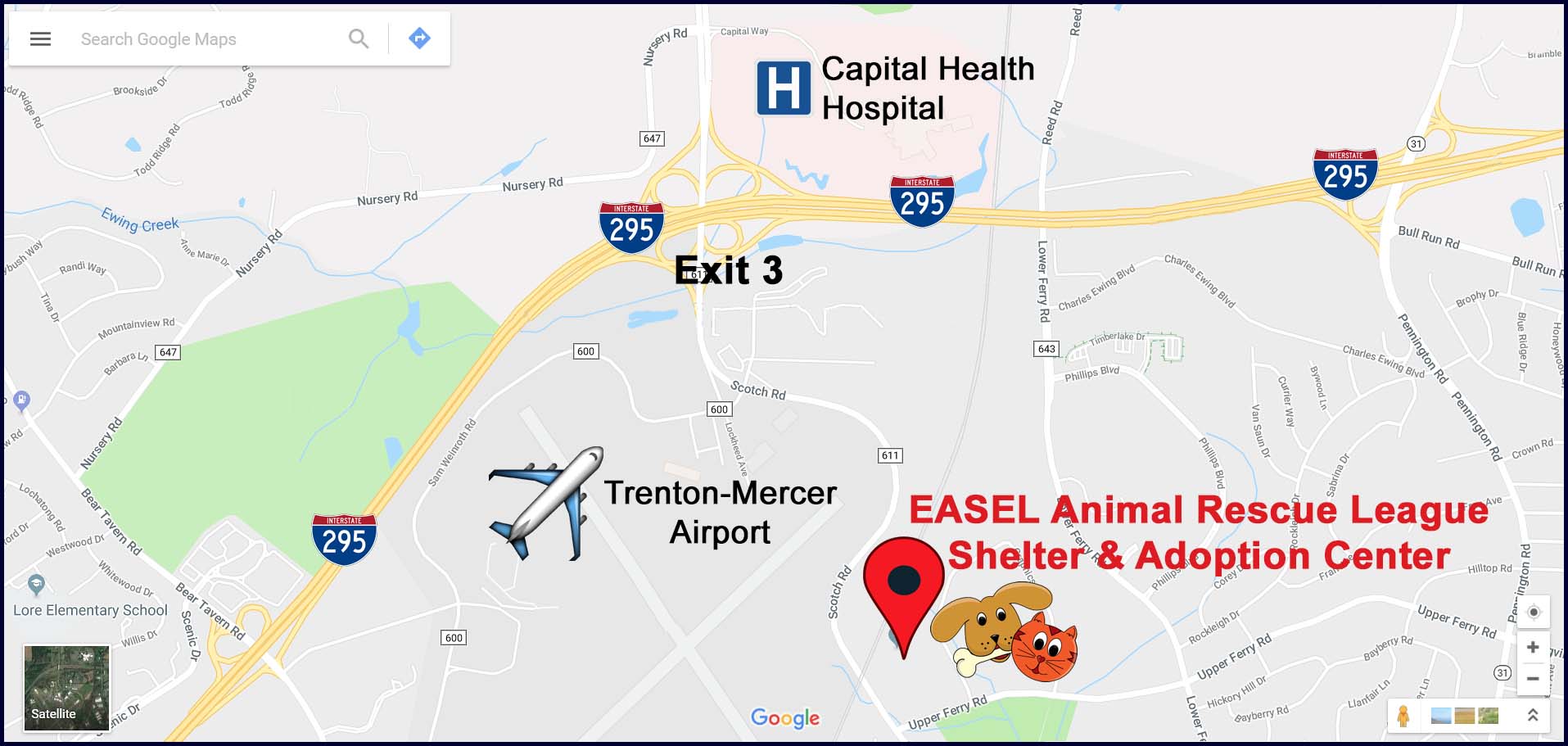 Google Map Directions to EASEL Animal Rescue League Shelter & Adoption Center in Ewing, Mercer County, NJ